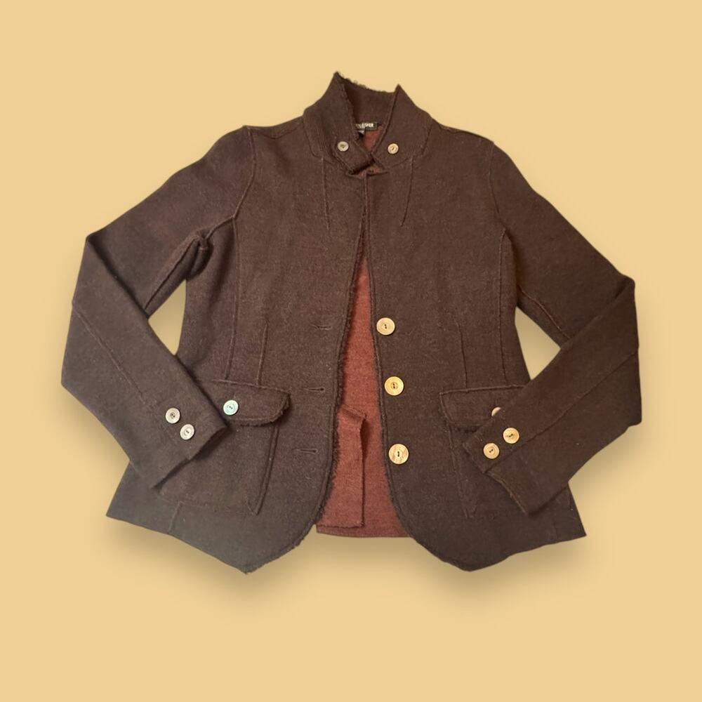 Eileen Fisher Merino Wool Blend Burgundy Brown Blazer Jacket Size PM